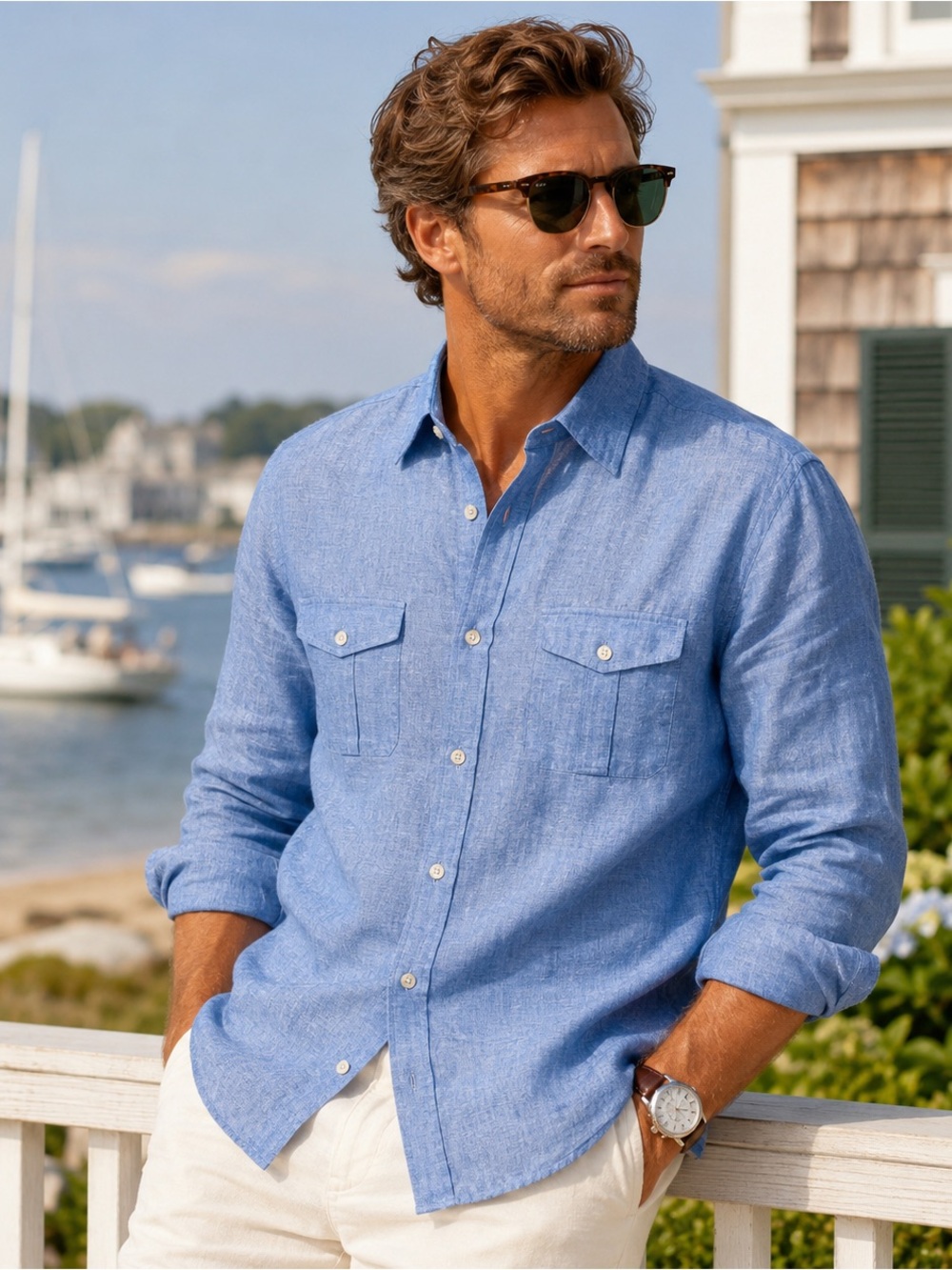 Baird McNutt Murano 100% Linen Shirt Mens M Blue Slim Fit Long Sleeve Coastal
